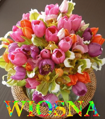 Bukiet tulipanów i napis wiosna